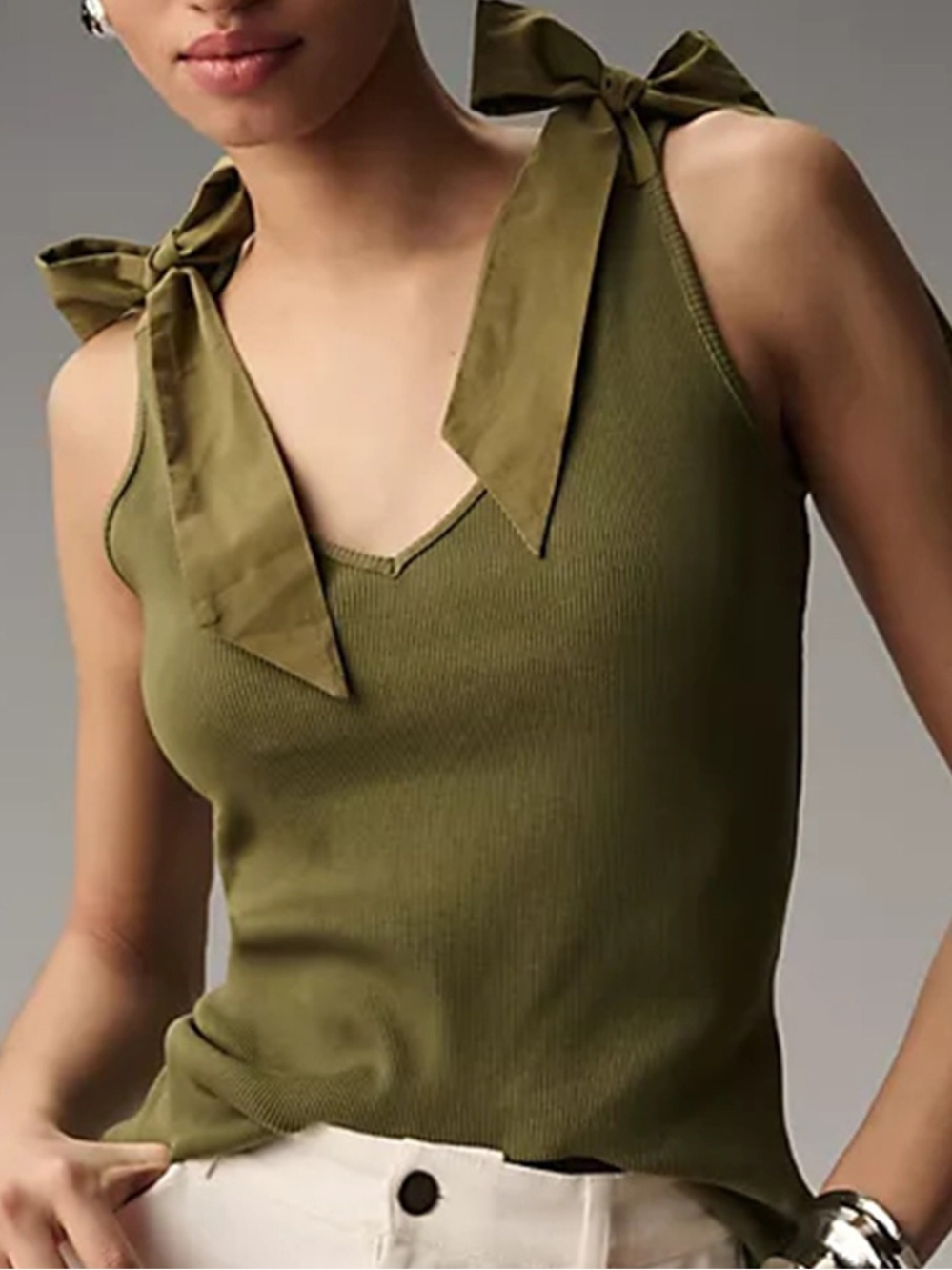 NWT Anthropologie Maeve Rafaela Bow Olive Green V-Neck Tie-Shoulder Tank